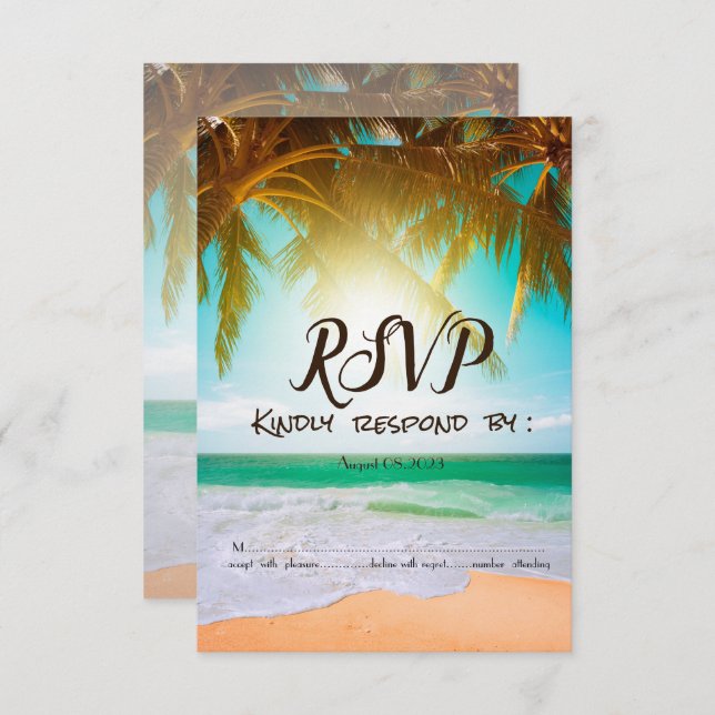Invitation Plage,Soleil,Palme RSVP  (Devant / Derrière)