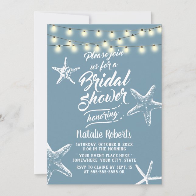 Invitation Plage Starfish Elégante Dusty Blue Fête des mariée (Devant)