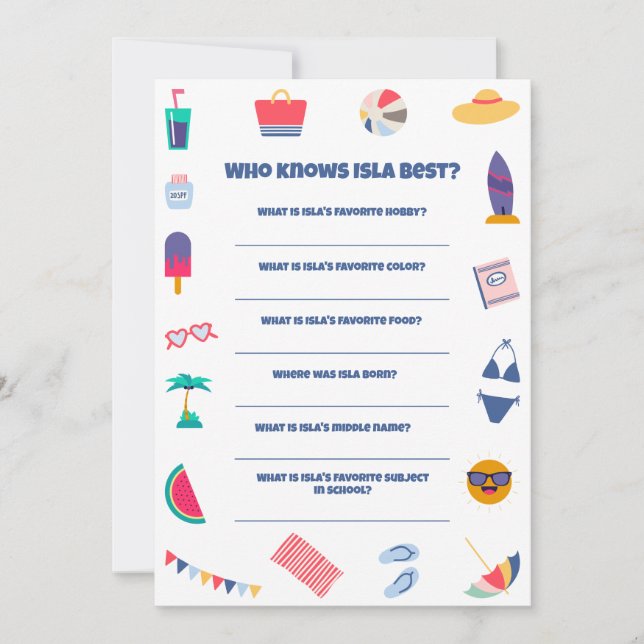Invitation Plage Thème Anniversaire Jeu de fête (Devant)