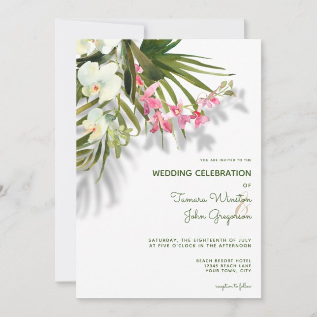 Invitation Plage Tropical Hawaii rose Floral avec Mariage d'o (Devant)