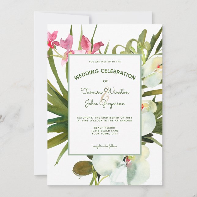 Invitation Plage Tropical Rose Floral Blanc Orchidées Verdure (Devant)