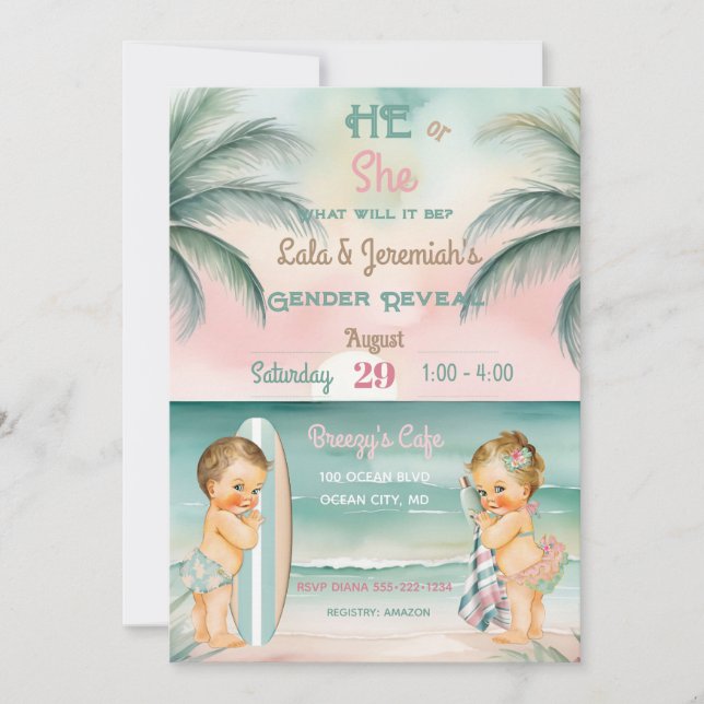 Invitation Plage tropicale Bébé Sexe Révéler Sage de broussai (Devant)