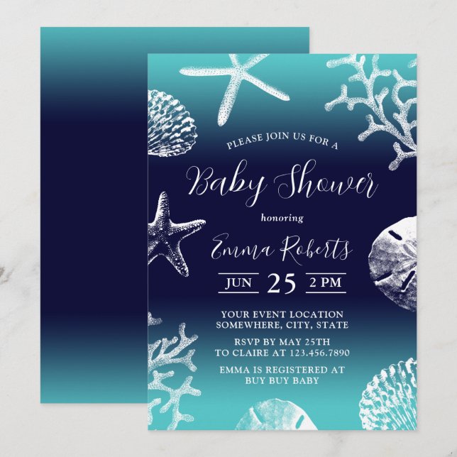Invitation Plage tropicale Coral Reef Marine & Baby shower Tu (Devant / Derrière)