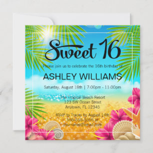 Invitation Plage Tropicale Fleur d'Hibiscus Rose Anniversaire