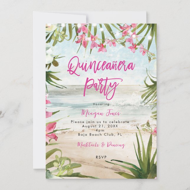 Invitation plage tropicale fleurie quinceanera (Devant)