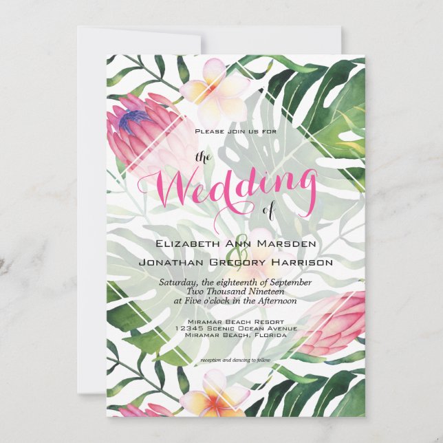 Invitation Plage tropicale Mariage rose Protea Flore verdure (Devant)