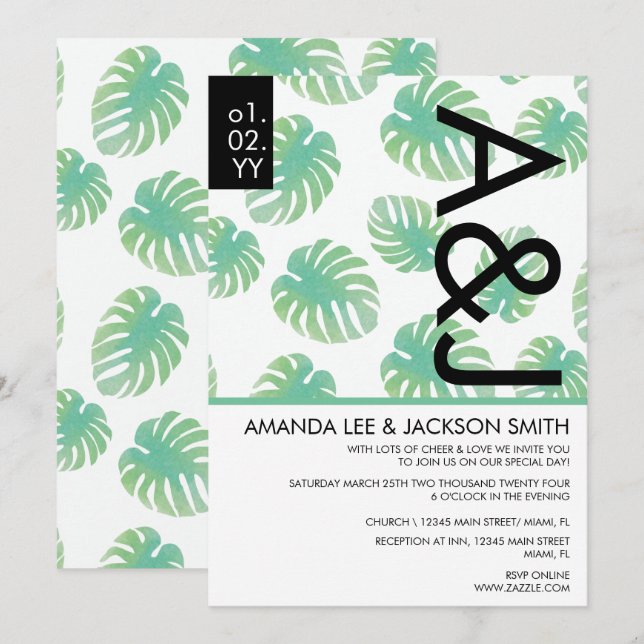 Invitation Plage tropicale Monstera Vert Mariage noir Invita (Devant / Derrière)