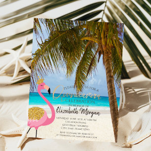 Invitation Plage tropicale, Palm, Flamant rose Quinceañera
