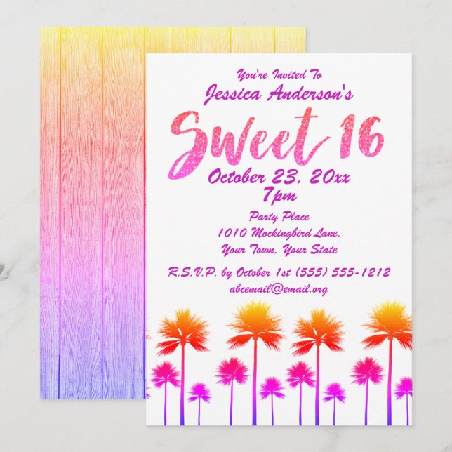 Invitation Plage tropicale Palm Trees Sweet sixteen (Devant / Derrière)