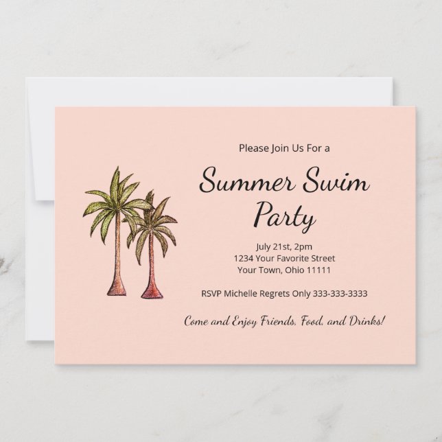 Invitation Plage tropicale Palmiers Blush Pink Pool Party (Devant)