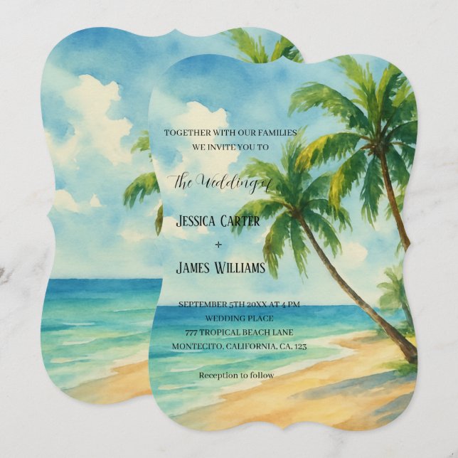 Invitation Plage tropicale Palmiers Destination Mariage (Devant / Derrière)