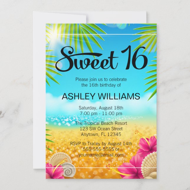 Invitation Plage tropicale Pink Hibiscus Sweet 16 Anniversair (Devant)