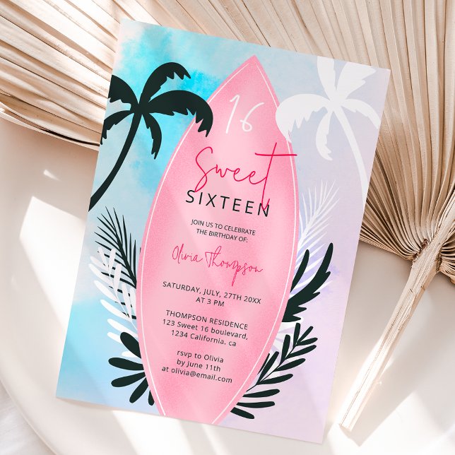 Invitation Plage tropicale planches de surf palmier Sweet 16 (Tropical beach surfboard palm tree Sweet 16 Invitation)