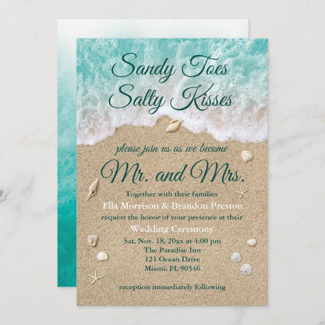 Invitation Plage Vagues Sandy Toes Salty Baisers Mariage Invi (Devant / Derrière)