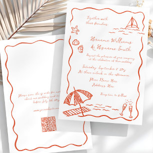 Invitation Plage Whimsical Rouge main tiré QR RSVP Mariage