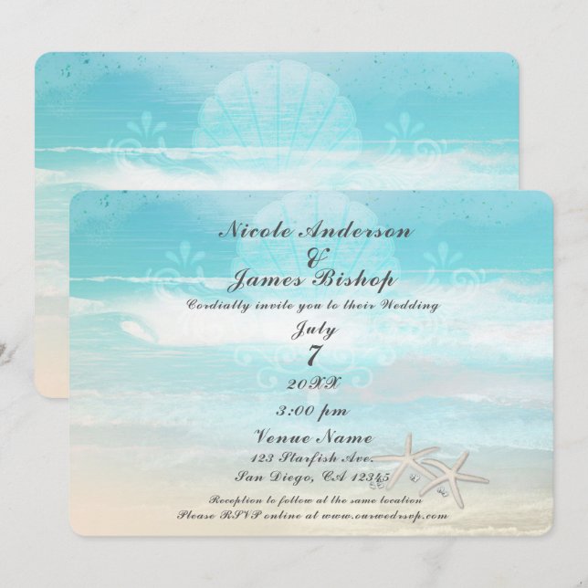 Invitation Plage White Starfish Élégant Mariage d'été (Devant / Derrière)