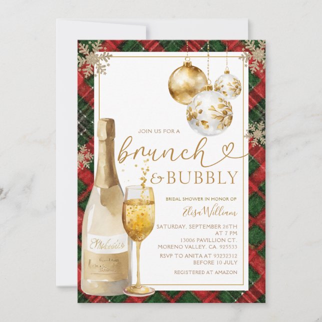 Invitation  Plaid Brunch and Bubbly Gold Bridal Shower  (Devant)