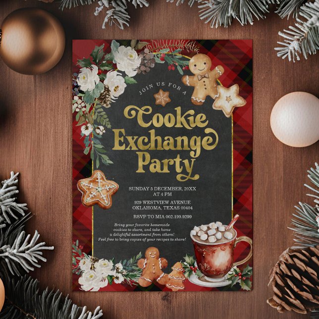 Invitation Plaid Floral Christmas Cookie Exchange Party (Créateur téléchargé)