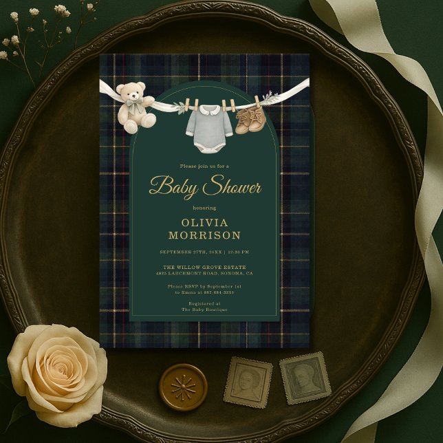 Invitation Plaid Green Teddy Bear Clothesline Baby Shower (Créateur téléchargé)