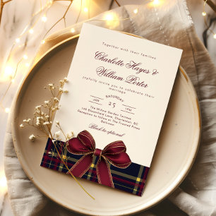 Invitation Plaid luxueux Nœud Bordeaux Hiver Mariage