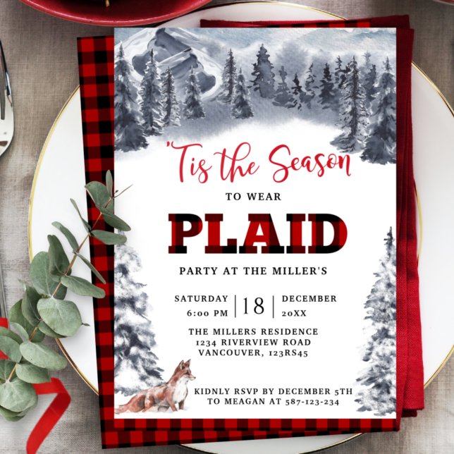 Invitation Plaid Party Winter Mountains et Fox Buffalo Plaid (Créateur téléchargé)