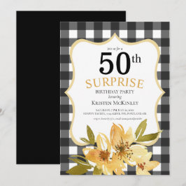 Invitation Plaid Surprise 50e Anniversaire Floral Jaune Noir