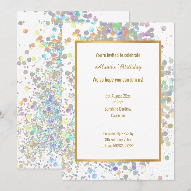 INVITATION PLAISIR PASTEL RAINBOW WHITE HOLOGRAPHIC SPOT ANNI (Devant / Derrière)