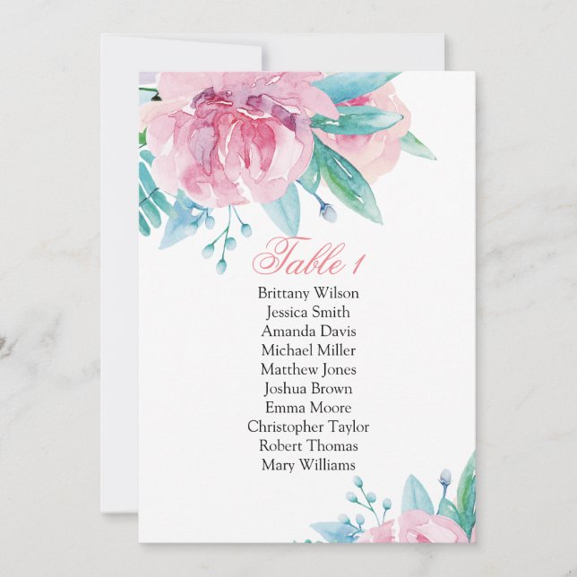 Invitation Plan de table de mariage avec fleurs roses. Plan b (Devant)