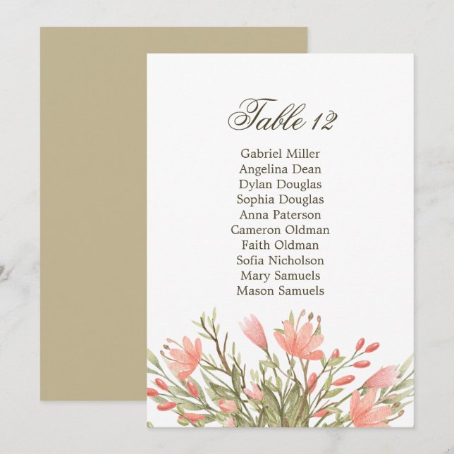 Invitation Plan de table de mariage floral élégant avec verdu (Devant / Derrière)