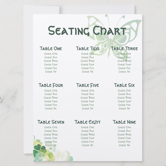 Invitation Plan de table des coins Trèfle Vert et Papillon (Dos)
