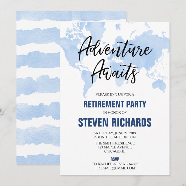 Invitation Plan du monde voyageur retraite aquarelle bleu (Devant / Derrière)