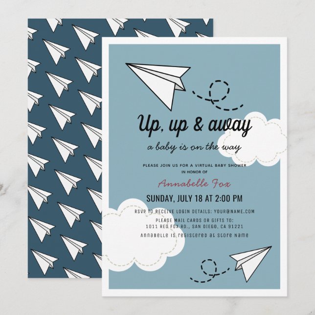 Invitation Plan papier haut et éloigné Baby shower virtuel bl (Devant / Derrière)