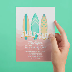 Invitation Planche de surf rose 1er anniversaire