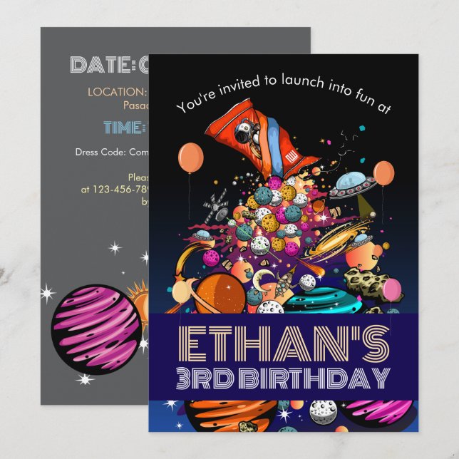 Invitation Planètes de bonbons dans l'espace fête d'anniversa (Devant / Derrière)