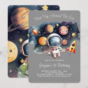 Invitation Planètes de l'espace gris Premier Anniversaire