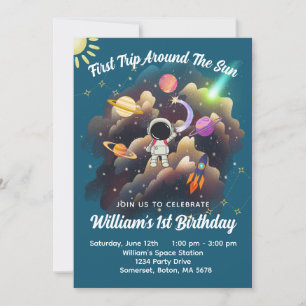 Invitation Planètes de l'extérieur Blue First Birthday Invita