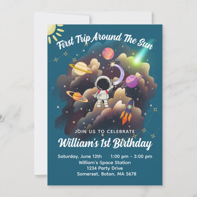 Invitation Planètes de l'extérieur Blue First Birthday Invita (Devant)