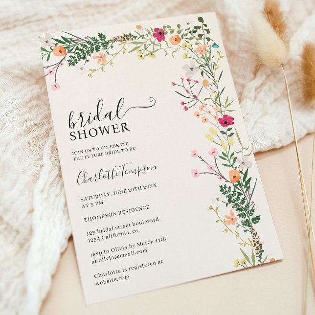 Invitation Plante bohème fleurs sauvages printemps nuptiale (Bohemian meadow wild flowers spring bridal shower invitation)