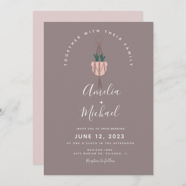 Invitation Plante Cactus moderne Macrame Mariage botanique (Devant / Derrière)
