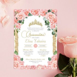 Invitation Plante rose rose rose Floral or élégant Quinceaner