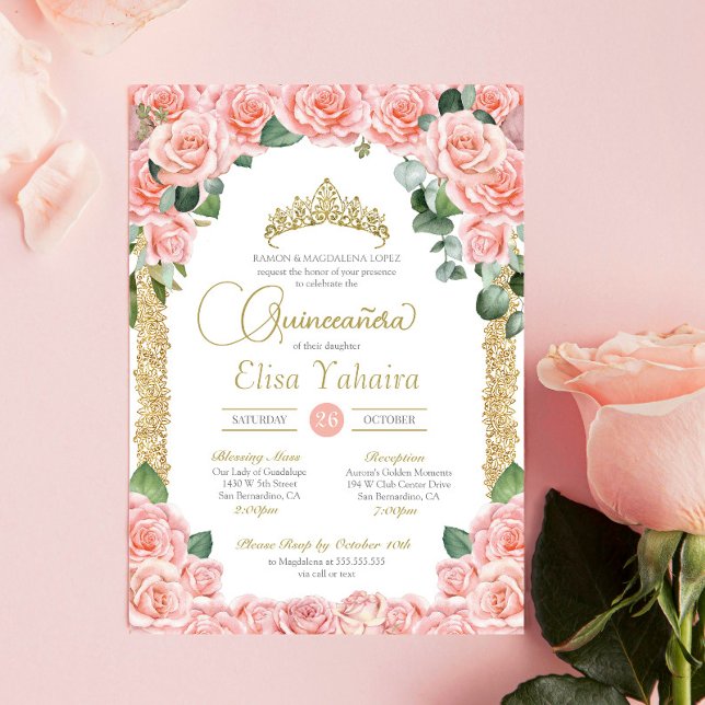 Invitation Plante rose rose rose Floral or élégant Quinceaner (Créateur téléchargé)
