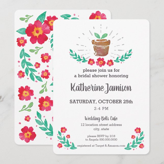 Invitation Plante Sprout Red Floral Aquarelle Fête des mariée (Devant / Derrière)
