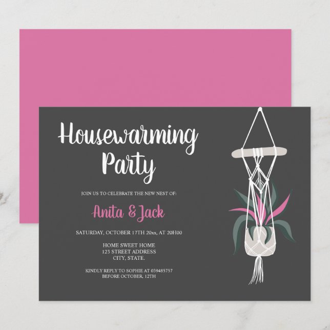 Invitation Plantes de maison boho florales gris rose pour pen (Devant / Derrière)