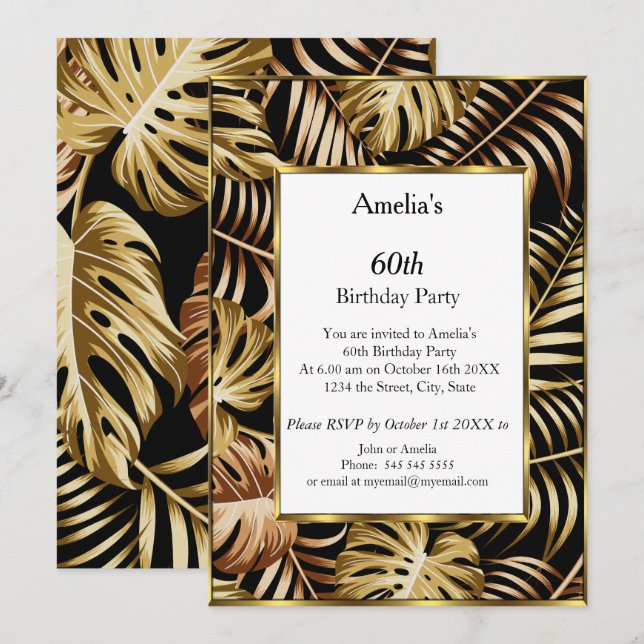 Invitation Plantes d'or Tropical fête d'anniversaire blanc (Devant / Derrière)
