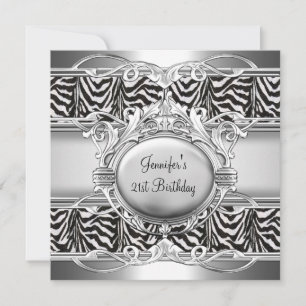 Invitation Plaque Zèbre Noir Blanc Argent 21ème Anniversaire