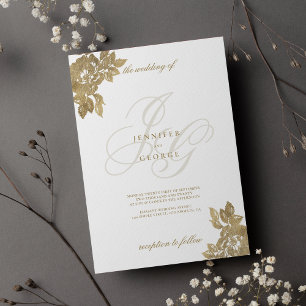 Invitation Plaques en or blanc monogramme mariage floral glam