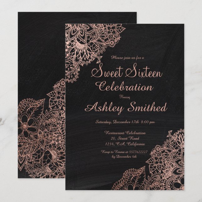 Invitation Plat-noir rose or à fleurs Sweet 16 (Devant / Derrière)