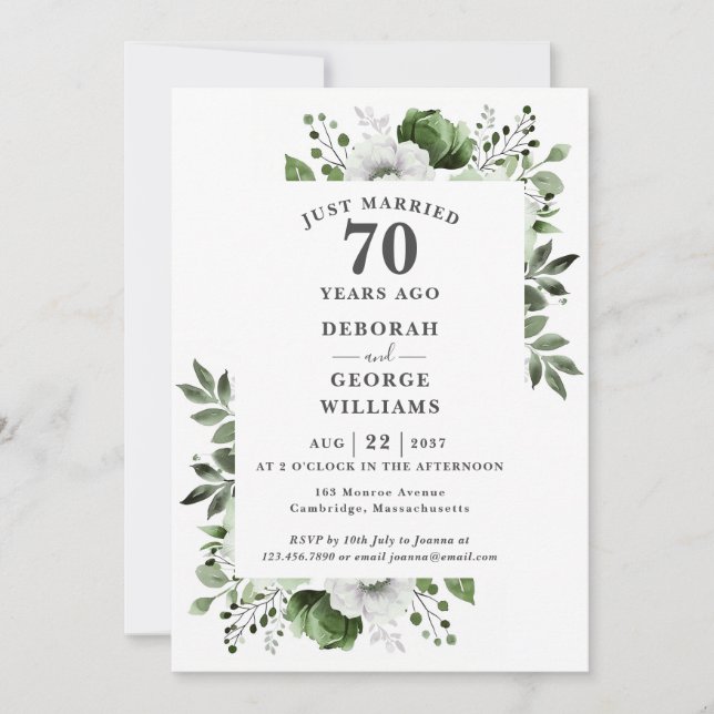 Invitation Platine 70e anniversaire Mariage Monogramme Floral (Devant)