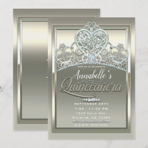 Invitation Platine ivoire Princesse Coeur Tiara Quinceañera