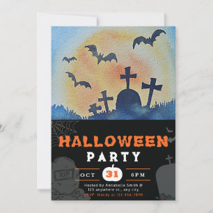 Invitation Pleine lune, chauves-souris et cimetière Halloween